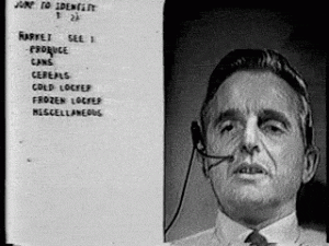 Animated gif of Doug Engelbart presenting online in 1968.