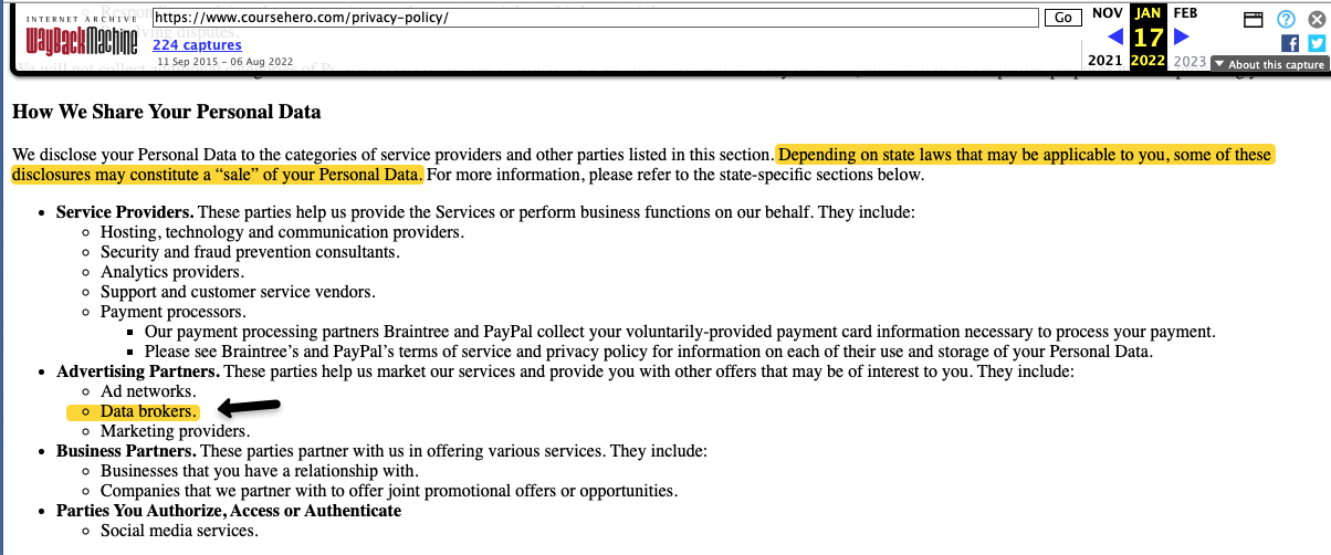 In Feb. the privacy policy still used the term "Analytics Brokers." 