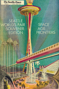 Image of the Space Needle and monorail, Seattle, WA, 1962