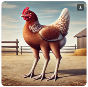 An AI generated image of a chicken with three legs. 