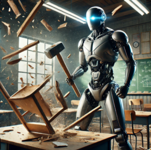 robot smashing a desk with a hammer