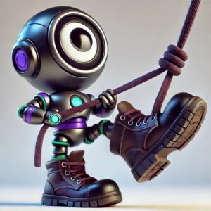 Badly drawn AI generated image of a robot attempting to lift itself by its shoelaces. 